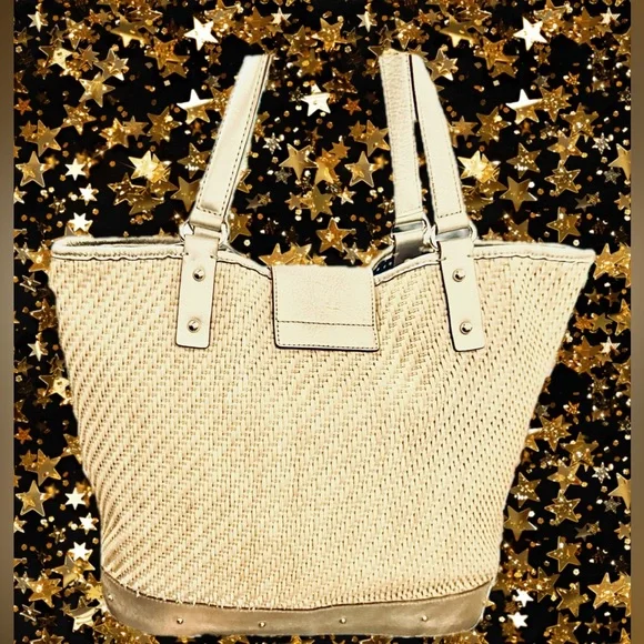 Kate Spade Gold Leather Turn Lock Straw Bag Nice Preowned Cond Very Good Size - Picture 6 of 14